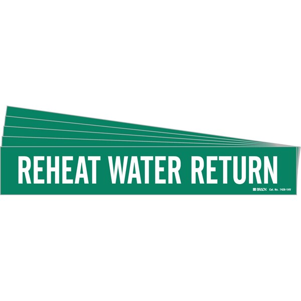 Brady REHEAT WATER RETURN Pipe Marker Style 1HV White on Green 1 per Card, 5 PK - 7428-1HV-PK