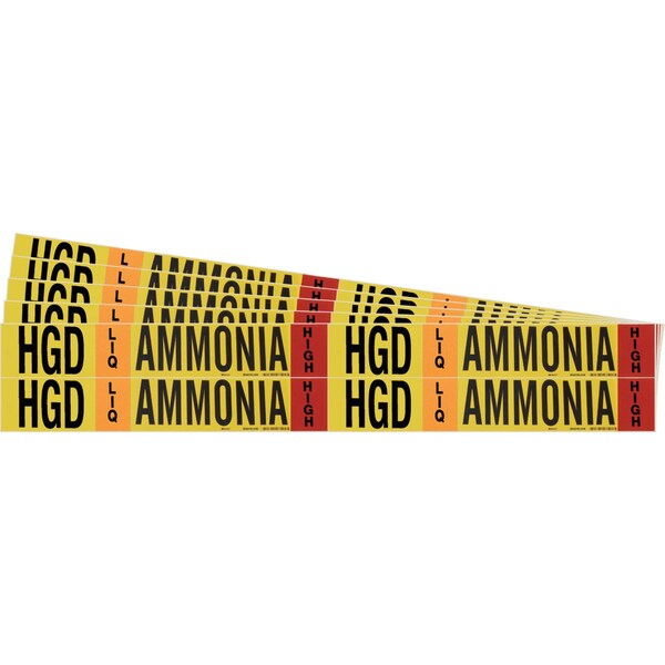 Brady AMMONIA HGD LIQ HIGH Pipe Marker Style 4 BK, OR, RD on YL 4 per Card, 5 PK - 105769-PK
