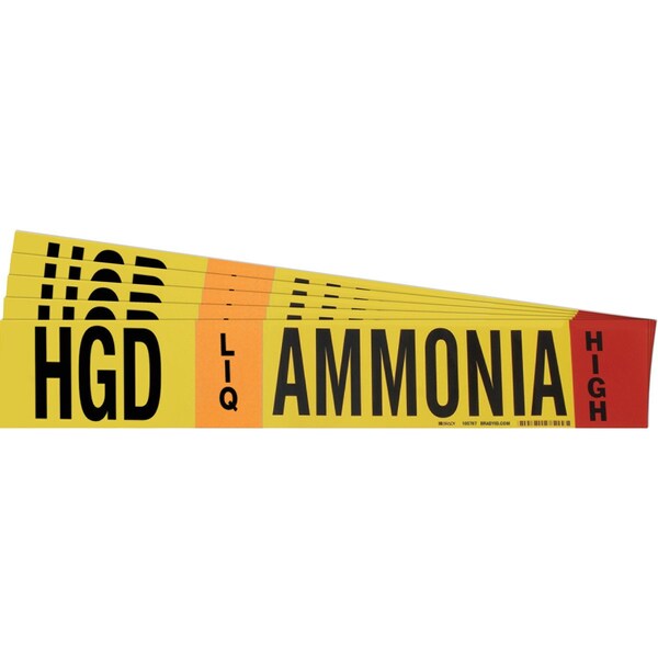 Brady AMMONIA HGD LIQ HIGH Pipe Marker Style 1HV BK, OR, RD on YL 1 per Card, 5 PK - 105767-PK