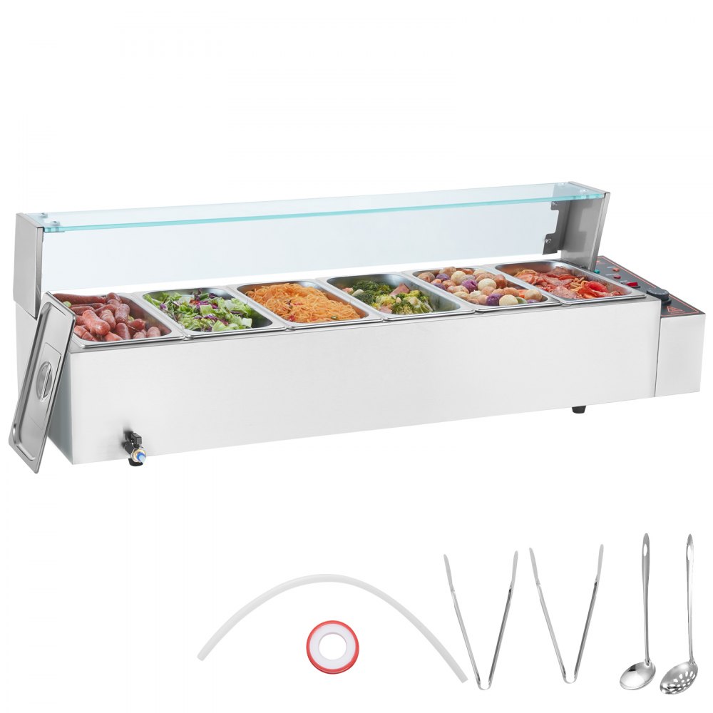 VEVOR Commercial Electric Food Warmer Countertop Buffet 6*5Qt with Glass Shield - SYSPBWQ613FSC97P0V1