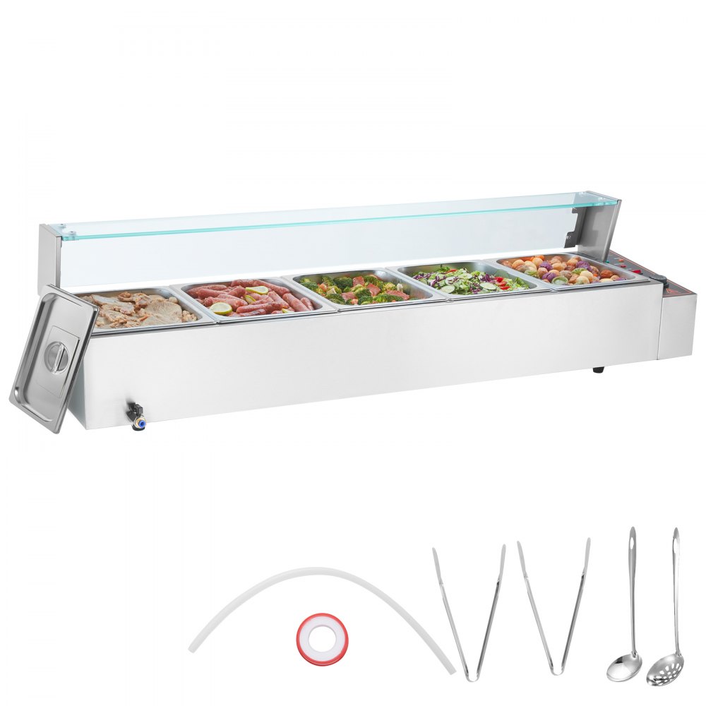 VEVOR Commercial Electric Food Warmer Countertop Buffet 5*8Qt with Glass Shield - SYSPBWQBLZK5C1L71V1