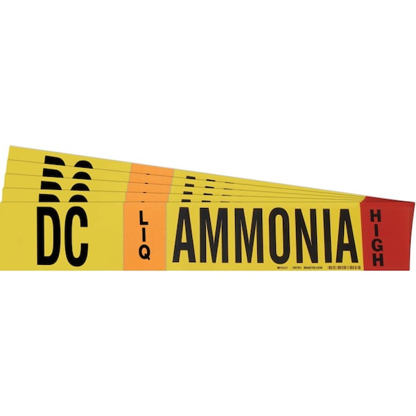 Brady AMMONIA DC LIQ HIGH Pipe Marker Style 1HV BK, OR, RD on YL 1 per Card, 5 PK - 105751-PK
