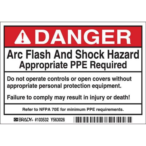 Brady Arc Flash Protect. Lbl, 3-1/2inHx5inW, PK5 - 103532
