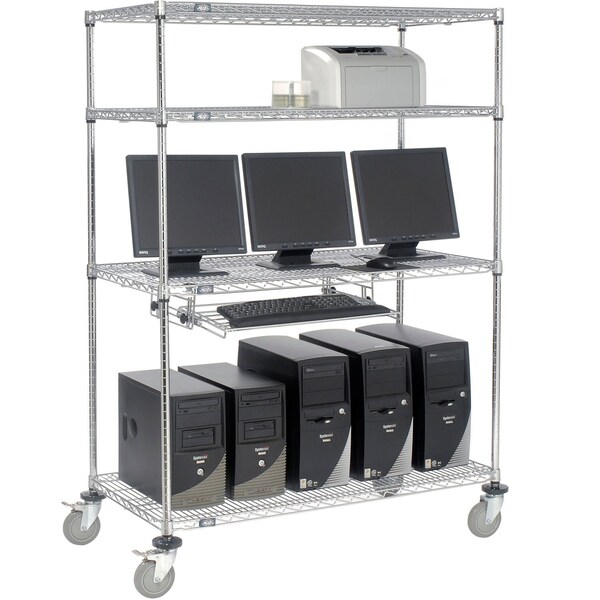 Nexel 4-Shelf Mobile Wire Computer LAN Workstation w/Keyboard Tray, 48inW x 24inD x 69inH, Chrome - 250116