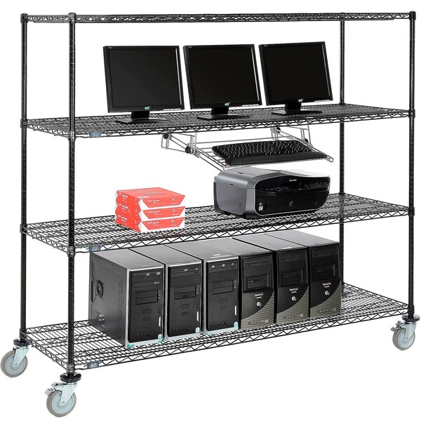Nexel 4-Shelf Mobile Wire Computer LAN Workstation w/ Keyboard Tray, 72inW x 24inD x 69inH, Black - 250198BK