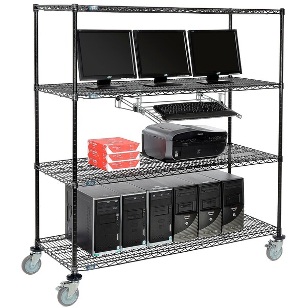 Nexel 4-Shelf Mobile Wire Computer LAN Workstation w/ Keyboard Tray, 60inW x 24inD x 69inH, Black - 250197BK