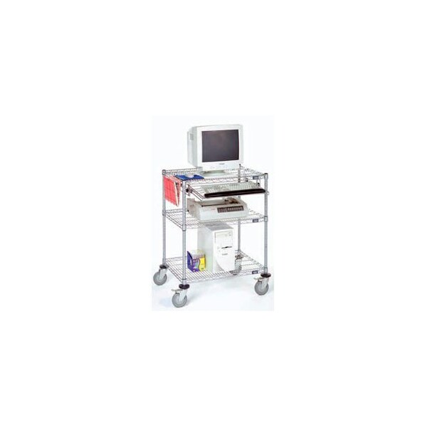 Nexel 3-Shelf Mobile Wire Computer LAN Workstation w/Keyboard Tray, 30inW x 24inD x 39inH, Chrome - 217528