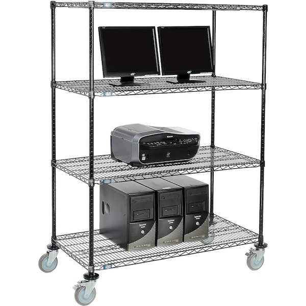 Nexel 4-Shelf Mobile Wire Computer LAN Workstation, 48inW x 24inD x 69inH, Black - 695410BK
