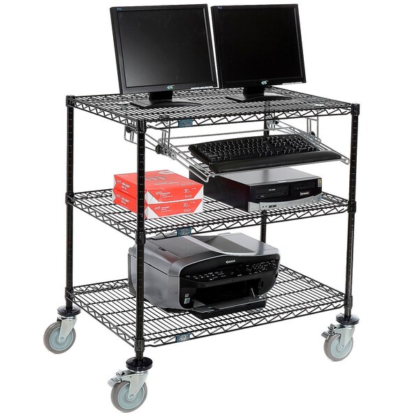Nexel 3-Shelf Mobile Wire Computer LAN Workstation w/Keyboard Tray, 36inW x 24inD x 40inH, Black - 695366BK