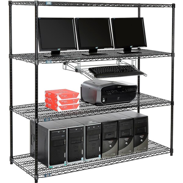 Nexel 4-Shelf Wire Computer LAN Workstation with Keyboard Tray, 60inW x 24inD x 63inH, Black - 695416BK