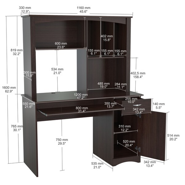 Inval Workstation w/Hutch 45.6 in. W Espresso 1 -Drawer with Keyboard Tray - CC-7301