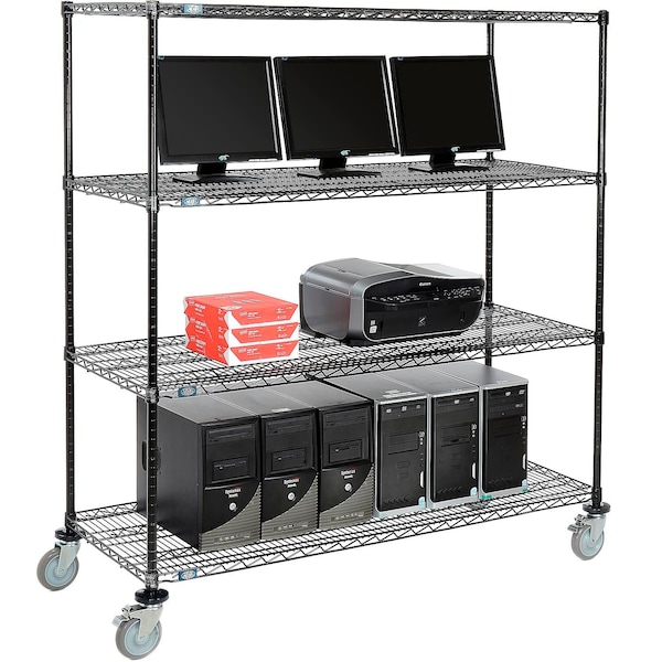 Nexel 4-Shelf Mobile Wire Computer LAN Workstation, 60inW x 24inD x 69inH, Black - 695417BK
