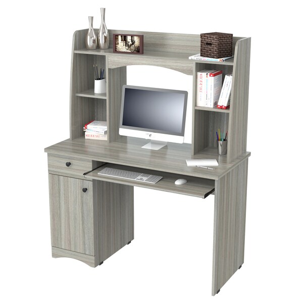 Inval Workstation  w/Hutch 44 in. W Smoke Oak Rectangular 1 -Drawer Keyboard Tray - CC-7201