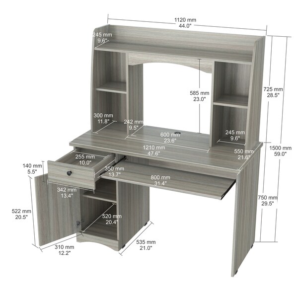 Inval Workstation  w/Hutch 44 in. W Smoke Oak Rectangular 1 -Drawer Keyboard Tray - CC-7201