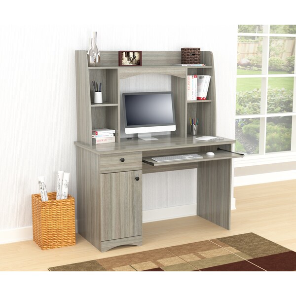 Inval Workstation  w/Hutch 44 in. W Smoke Oak Rectangular 1 -Drawer Keyboard Tray - CC-7201
