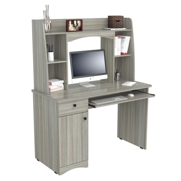 Inval Workstation  w/Hutch 44 in. W Smoke Oak Rectangular 1 -Drawer Keyboard Tray - CC-7201