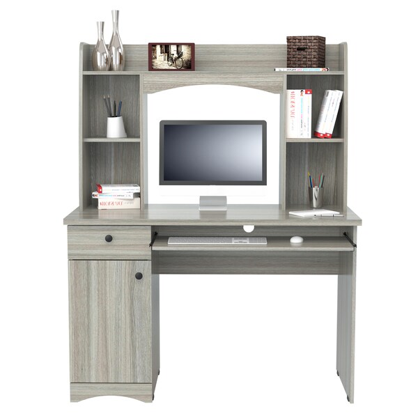 Inval Workstation  w/Hutch 44 in. W Smoke Oak Rectangular 1 -Drawer Keyboard Tray - CC-7201