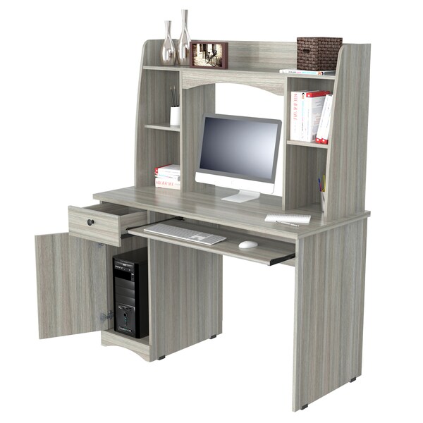 Inval Workstation  w/Hutch 44 in. W Smoke Oak Rectangular 1 -Drawer Keyboard Tray - CC-7201