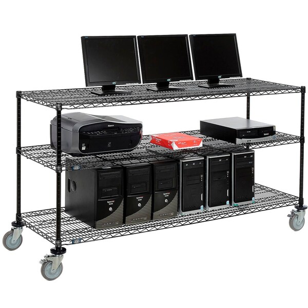 Nexel 3-Shelf Mobile Wire Computer LAN Workstation, 72inW x 24inD x 40inH, Black - 695381BK