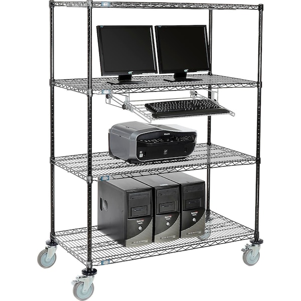 Nexel 4-Shelf Mobile Wire Computer LAN Workstation w/ Keyboard Tray, 48inW x 24inD x 69inH, Black - 250116BK