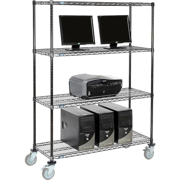 Nexel 4-Shelf Mobile Wire Computer LAN Workstation, 48inW x 18inD x 69inH, Black - 695403BK