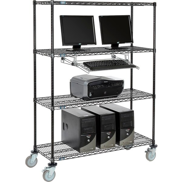 Nexel 4-Shelf Mobile Wire Computer LAN Workstation w/ Keyboard Tray, 48inW x 18inD x 69inH, Black - 250114BK