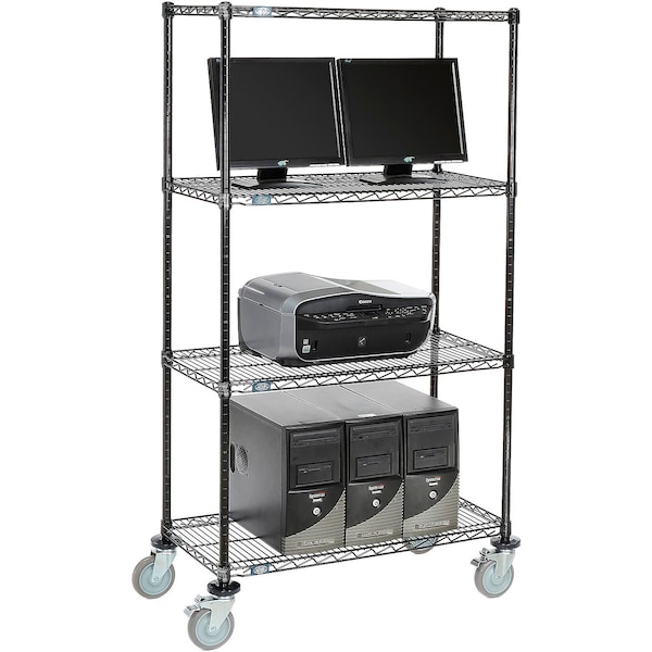 Nexel 4-Shelf Mobile Wire Computer LAN Workstation, 36inW x 18inD x 69inH, Black - 695389BK