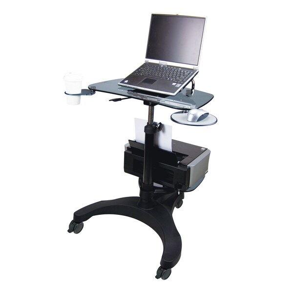 Aidata Sit/Stand Mobile Laptop Workstation, Shelf, Tempered Safety Glass, Smoke - LPD011G