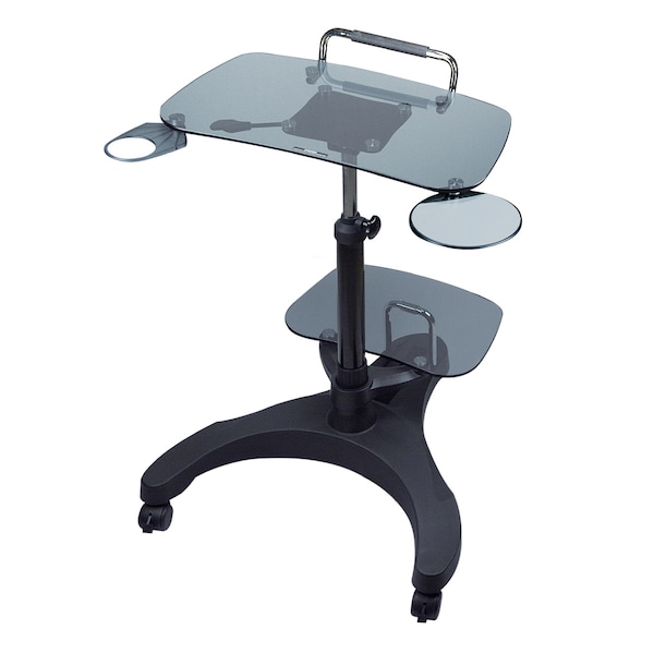 Aidata Sit/Stand Mobile Laptop Workstation, Shelf, Tempered Safety Glass, Smoke - LPD011G