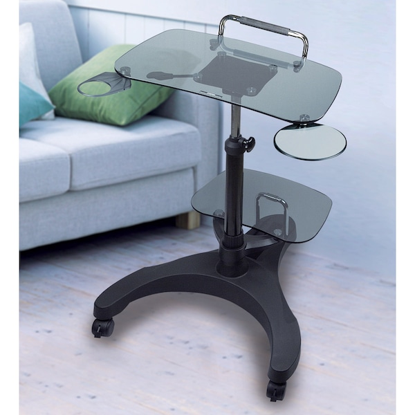 Aidata Sit/Stand Mobile Laptop Workstation, Shelf, Tempered Safety Glass, Smoke - LPD011G