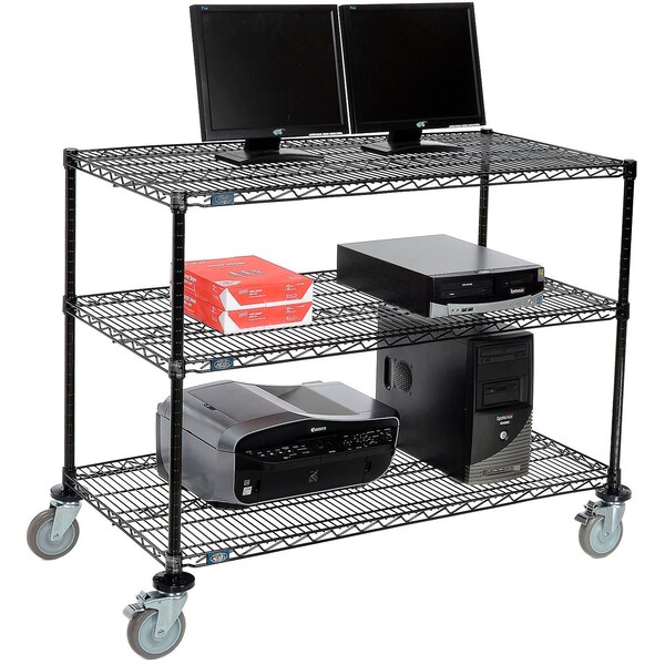 Nexel 3-Shelf Mobile Wire Computer LAN Workstation, 48inW x 24inD x 40inH, Black - 695373BK