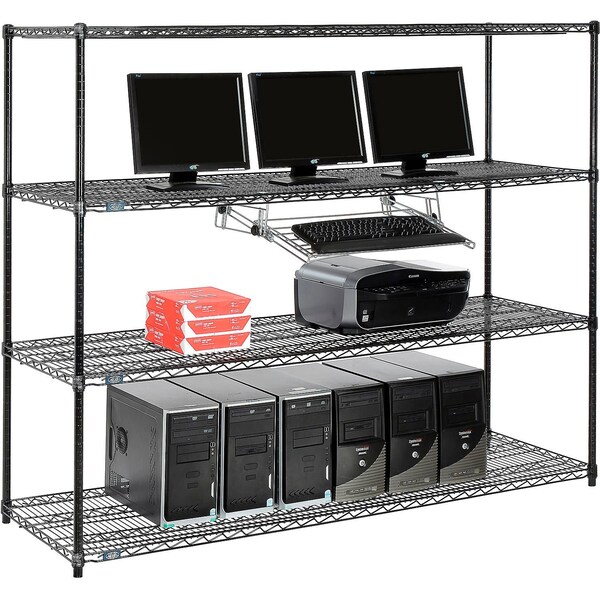 Nexel 4-Shelf Wire Computer LAN Workstation with Keyboard Tray, 72inW x 24inD x 63inH, Black - 695423BK