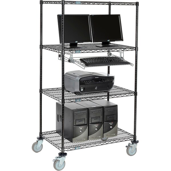 Nexel 4-Shelf Mobile Wire Computer LAN Workstation w/ Keyboard Tray, 36inW x 24inD x 69inH, Black - 250115BK