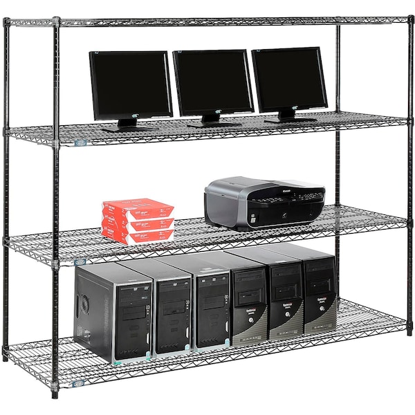 Nexel 4-Shelf Wire Computer LAN Workstation, 72inW x 24inD x 63inH, Black - 695422BK