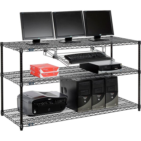Nexel 3-Shelf Wire Computer LAN Workstation with Keyboard Tray, 60inW x 24inD x 34inH, Black - 695376BK