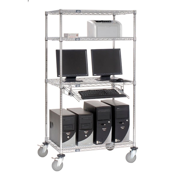 Nexel 4-Shelf Mobile Wire Computer LAN Workstation w/Keyboard Tray, 36inW x 24inD x 69inH, Chrome - 250115