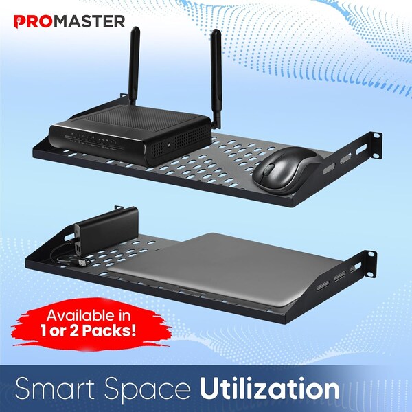 Promaster Server Vented Shelf, 19in, 10in Deep, 1U Rack Mount Tray, Cantilever Mount, Black, 2PK - PRMSSVR64