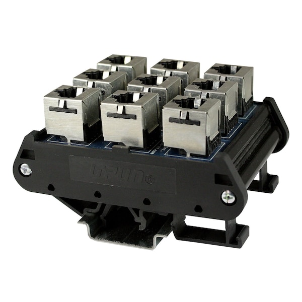 Asi 9 Port RJ45 DIN Rail Patch Panel, 3 Circuits of 3, Shielded RJ45 Ethernet Circuits - 16033