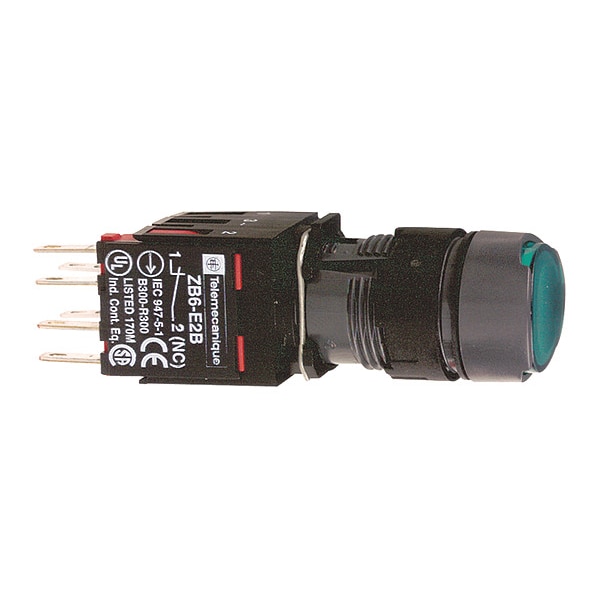 Botón de presión iluminado completo de Schneider Electric, Harmony XB6, verde empotrado, 16mm, retorno por resorte 1NA 12...24V - XB6AW3B1B