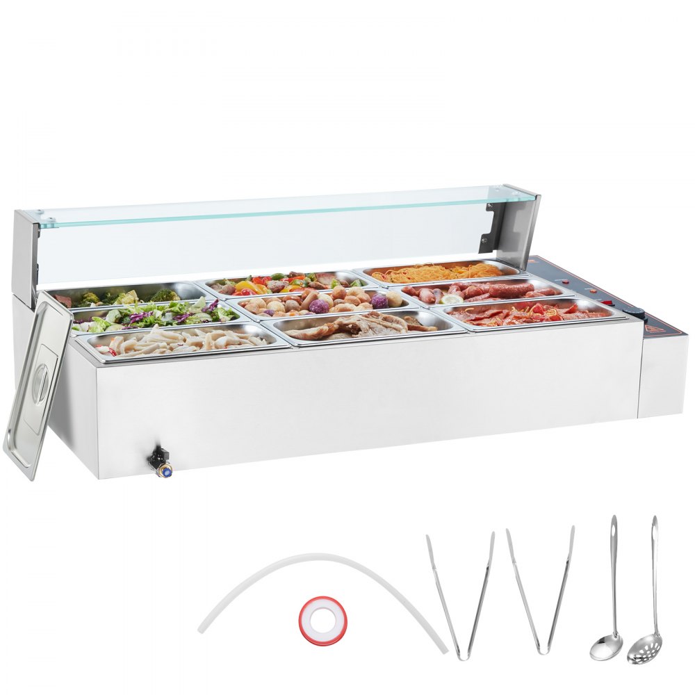 VEVOR Commercial Electric Food Warmer Countertop Buffet 9*5Qt with Glass Shield - SYSPBWQ913FS5WYYOV1