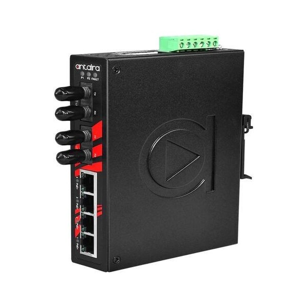 Antaira 6-Port Industrial PoE+ Unmanaged Ethernet Switch, w/4-10/100Tx *2-100Fx Single-mode 30Km - LNP-0602-ST-S3-T