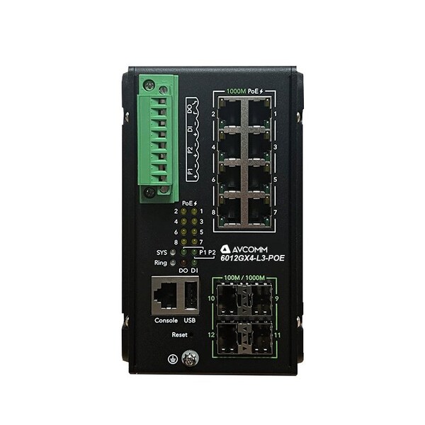 Avcomm 12-Port Layer3 Industrial POE/POE+ Switch - 6012GX4-L3-POE