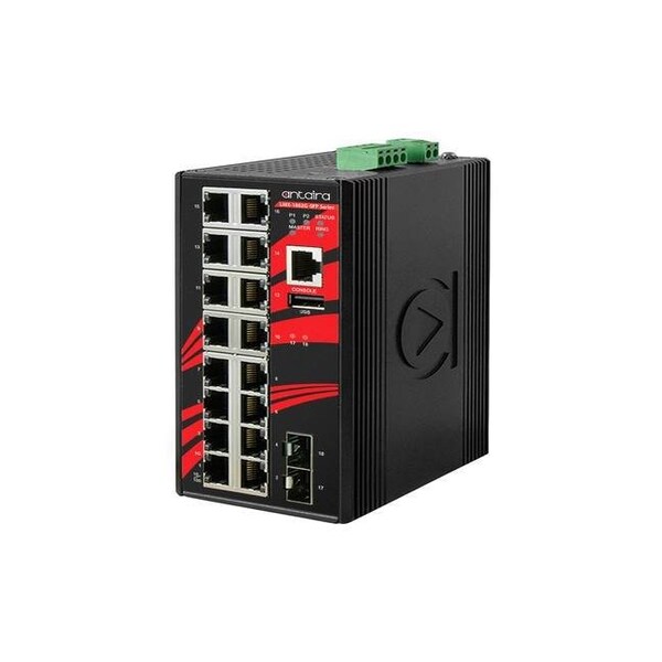 Antaira 18-Port Industrial Gigabit Light Layer 3 Managed Ethernet Switch, w/16-10/100/1000Tx Ports + 2-100/1 - LMX-1802G-SFP-T