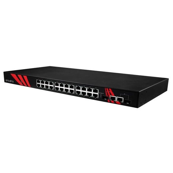 Antaira 26-Port Industrial 1U 19 Rackmount PoE+ Gigabit Unmanaged Ethernet Switch - LNP-2602G-SFP-T