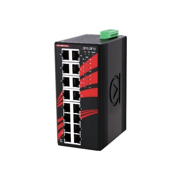Antaira 16-Port Industrial PoE+ Unmanaged Ethernet Switch, w/16-10/100/1000Tx (30W/Port) - LNP-1600G