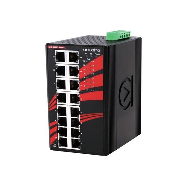 Antaira 16-Port Industrial PoE+ Unmanaged Ethernet Switch, w/16-10/100/1000Tx ***EOT: -40~75C - LNP-1600G-T