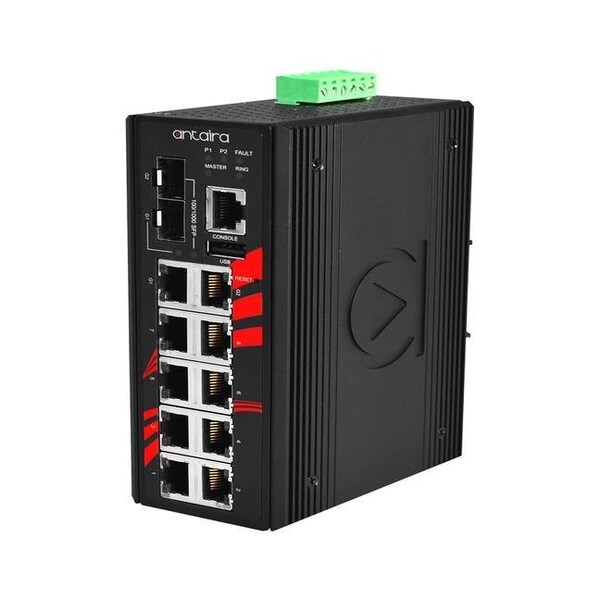 Antaira 12-Port Industrial PoE+ Light Layer 3 Managed Ethernet Switch - LMP-1202M-SFP-24