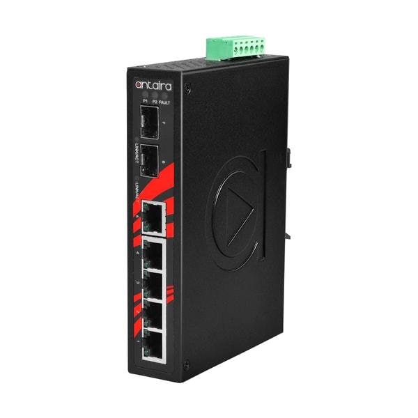 Antaira 7-Port Industrial Gigabit Unmanaged Ethernet Switch, with 5-10/100/1000Tx and 2-100/1000 SFP Slots - LNX-0702G-SFP-T