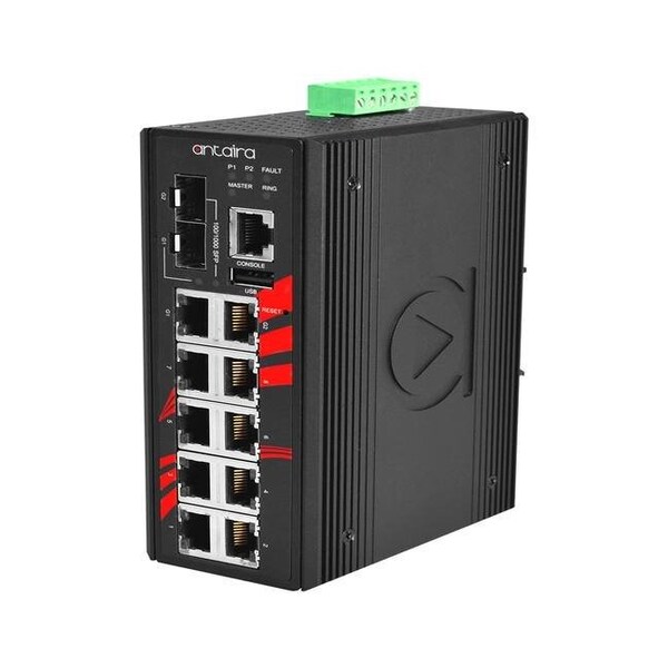 Antaira 12-Port Industrial Light Layer 3 Managed Ethernet Switch, w/8-10/100Tx, 2-10/100/1000Tx RJ45, and 2- - LMX-1202M-SFP-T