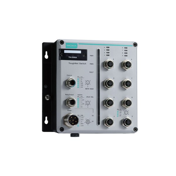 Moxa L2 Managed Switch W/ 8 10/100Baset(X) M12Ports, Dual Power Input - TN-5508A-WV-T